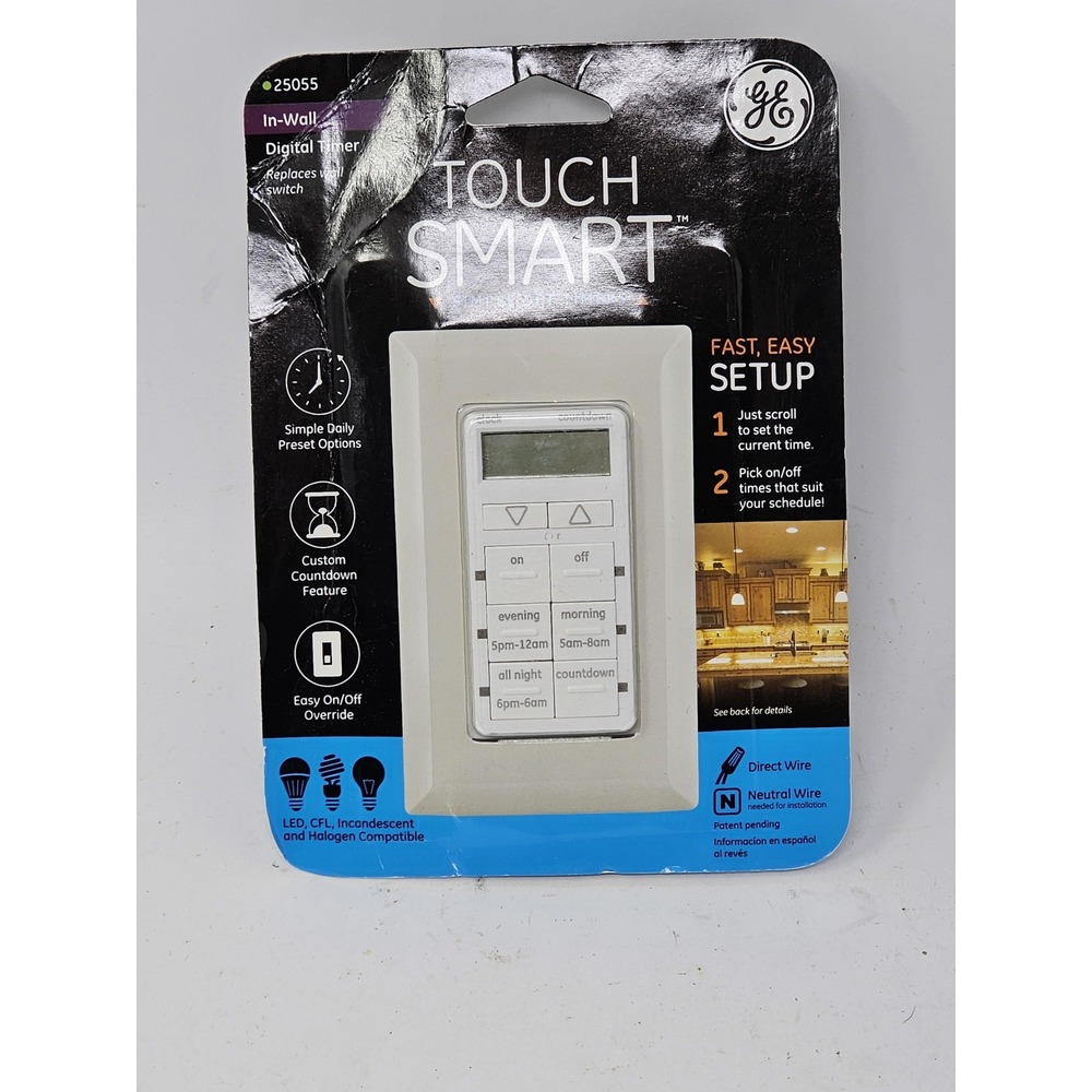 GE TouchSmart In-Wall Programmable Digital Timer Light Fan Switch 25055 White